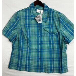 Halmode Plus Women’s 24W Plaid Button Front Blouse Blue Green Short Sleeve Top